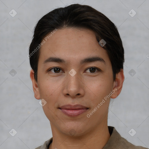 Joyful white young-adult female with short  brown hair and brown eyes