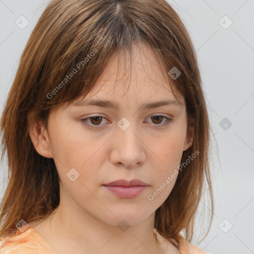 Neutral white young-adult female with medium  brown hair and brown eyes