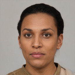 Neutral latino young-adult female with short  black hair and brown eyes