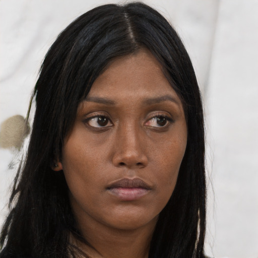 Neutral asian young-adult female with long  black hair and brown eyes