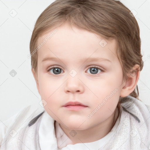 Neutral white child female with medium  brown hair and blue eyes