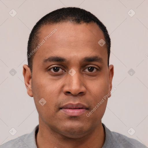 Neutral latino young-adult male with short  black hair and brown eyes