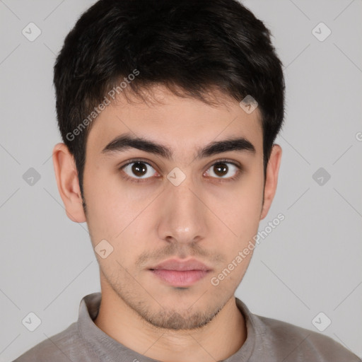 Neutral white young-adult male with short  brown hair and brown eyes