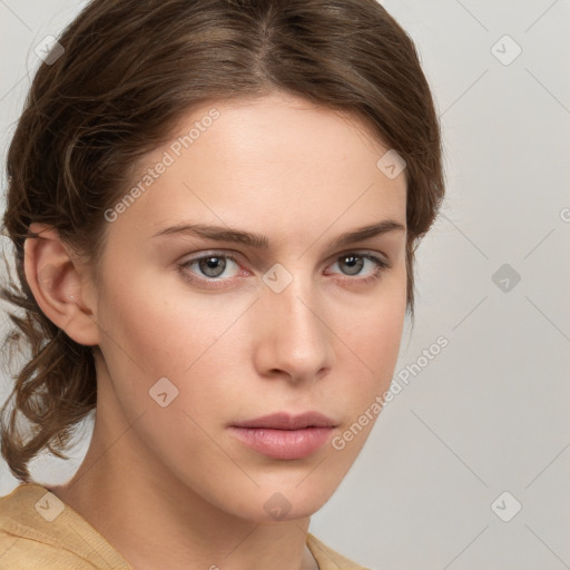 Neutral white young-adult female with medium  brown hair and grey eyes