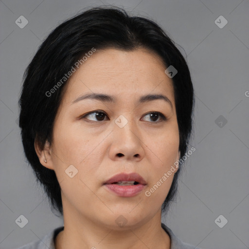 Neutral asian young-adult female with medium  black hair and brown eyes