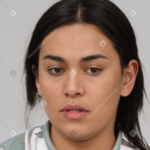 Neutral asian young-adult female with medium  brown hair and brown eyes