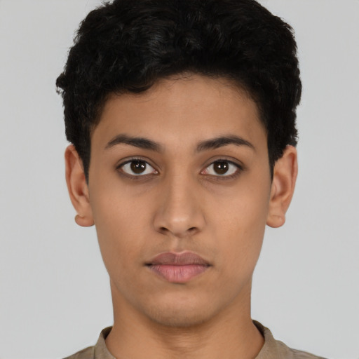Neutral latino young-adult female with short  black hair and brown eyes