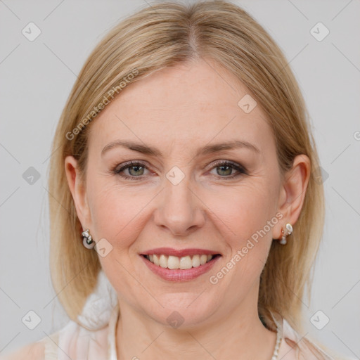 Joyful white young-adult female with medium  brown hair and blue eyes