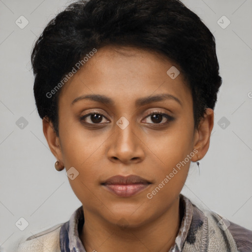 Neutral latino young-adult female with short  black hair and brown eyes