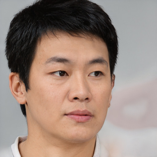 Neutral asian young-adult male with short  brown hair and brown eyes