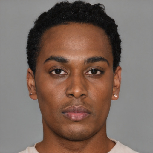 Neutral black young-adult male with short  black hair and brown eyes