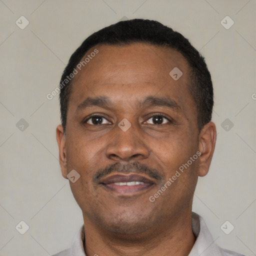 Joyful latino adult male with short  black hair and brown eyes