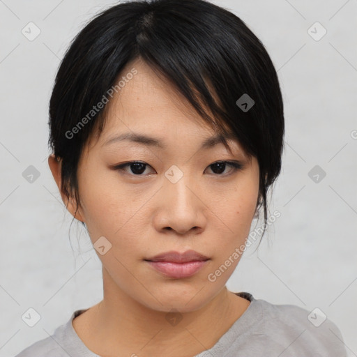 Neutral asian young-adult female with medium  black hair and brown eyes