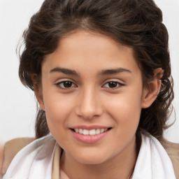 Joyful white child female with medium  brown hair and brown eyes