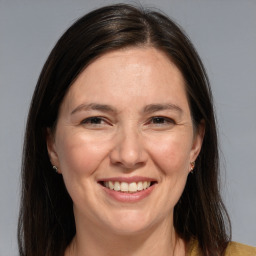 Joyful white adult female with medium  brown hair and brown eyes