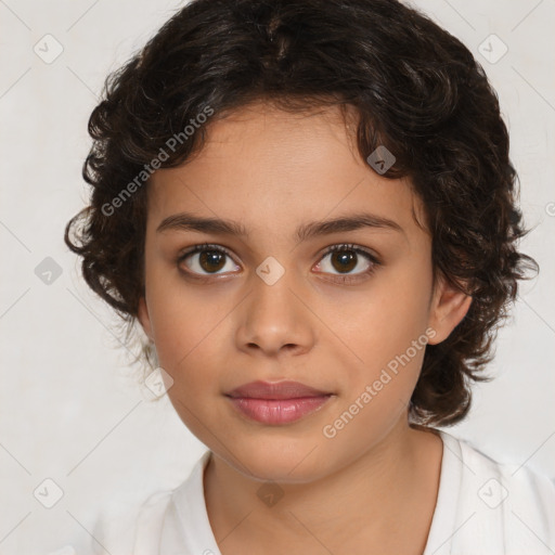 Joyful white child female with medium  brown hair and brown eyes