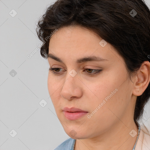 Neutral white young-adult female with medium  brown hair and brown eyes