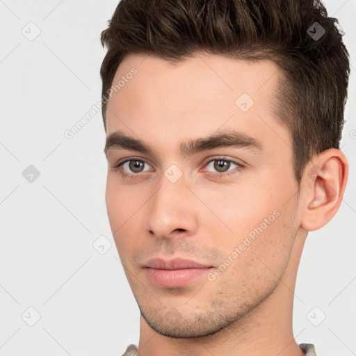 Neutral white young-adult male with short  brown hair and brown eyes