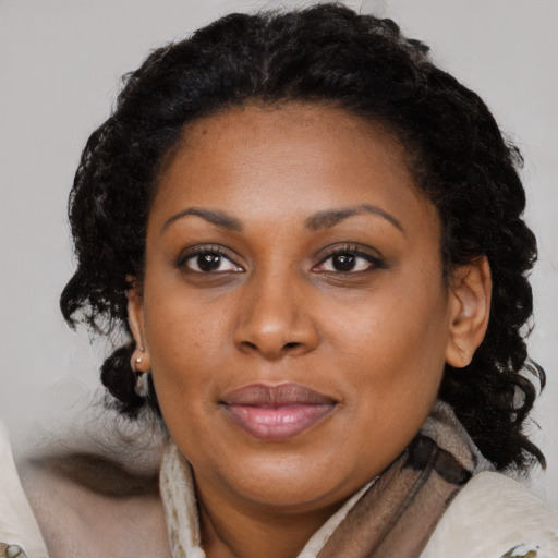 Joyful black young-adult female with medium  brown hair and brown eyes