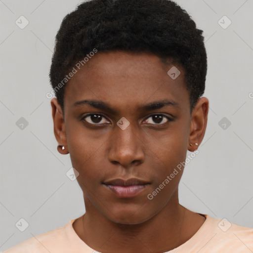 Neutral black young-adult male with short  brown hair and brown eyes