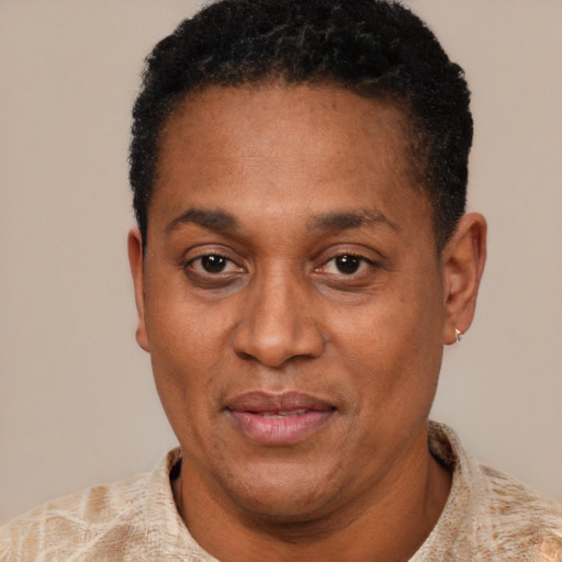 Joyful latino adult male with short  black hair and brown eyes