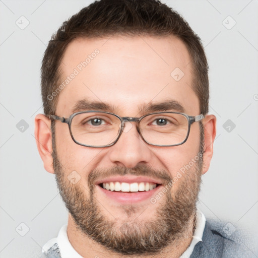 Joyful white young-adult male with short  brown hair and brown eyes