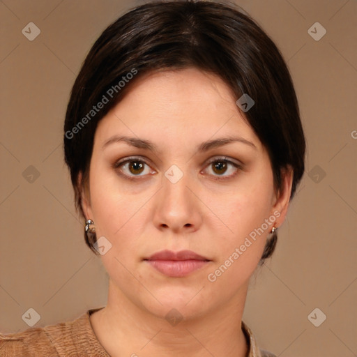 Neutral white young-adult female with short  brown hair and brown eyes