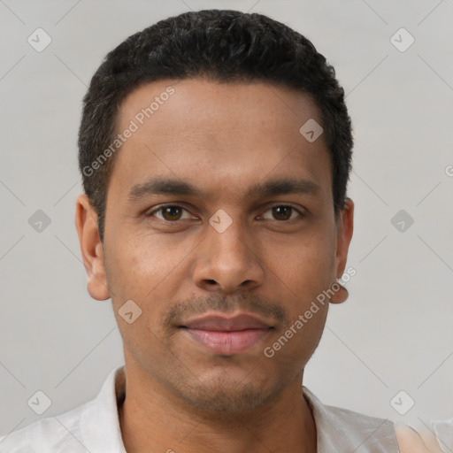 Neutral latino young-adult male with short  black hair and brown eyes