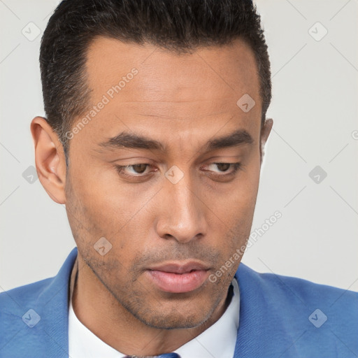 Neutral white young-adult male with short  brown hair and brown eyes