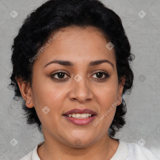 Joyful latino young-adult female with short  brown hair and brown eyes