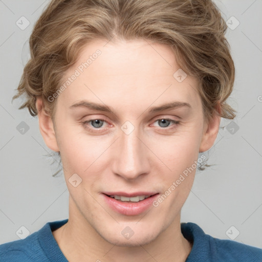 Joyful white young-adult female with medium  brown hair and blue eyes