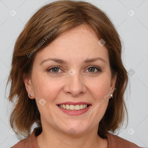 Joyful white young-adult female with medium  brown hair and blue eyes