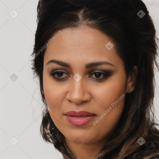 Joyful latino young-adult female with long  brown hair and brown eyes