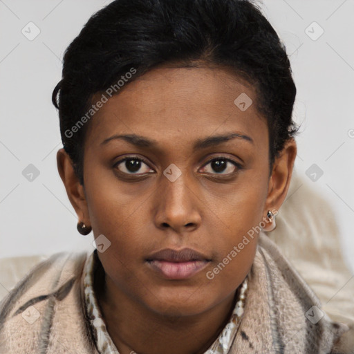 Neutral black young-adult female with short  brown hair and brown eyes