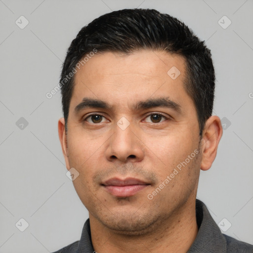 Neutral asian young-adult male with short  black hair and brown eyes