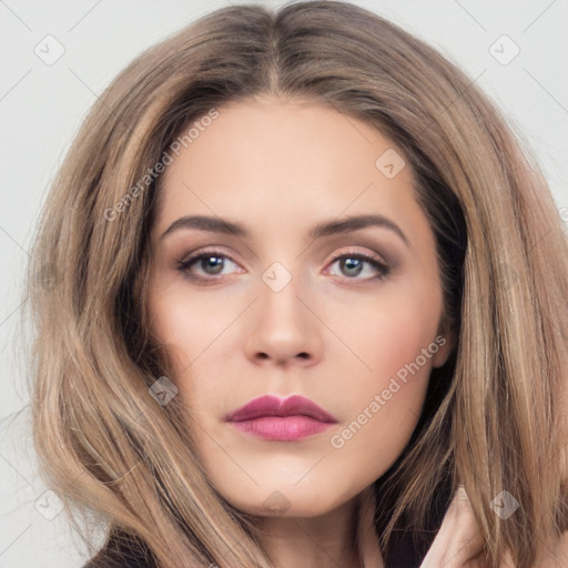 Neutral white young-adult female with long  brown hair and brown eyes