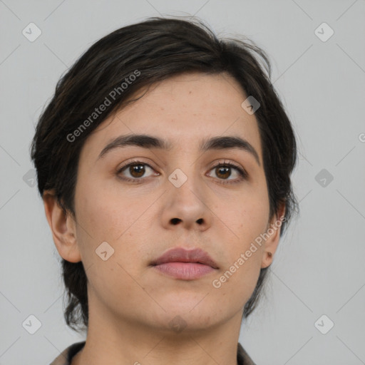 Neutral asian young-adult female with medium  brown hair and brown eyes