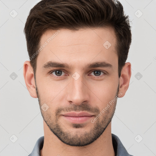 Neutral white young-adult male with short  brown hair and brown eyes