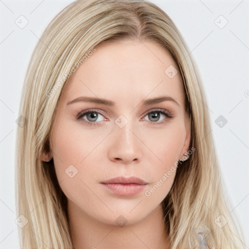 Neutral white young-adult female with long  brown hair and grey eyes