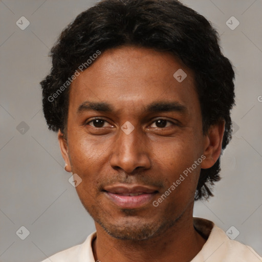Neutral black adult male with short  black hair and brown eyes