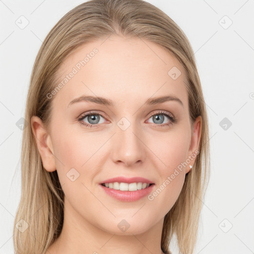 Joyful white young-adult female with long  brown hair and blue eyes