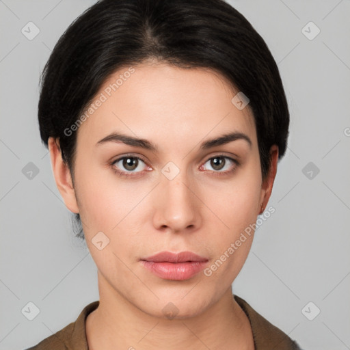 Neutral white young-adult female with medium  brown hair and brown eyes