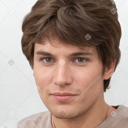 Neutral white young-adult male with short  brown hair and grey eyes