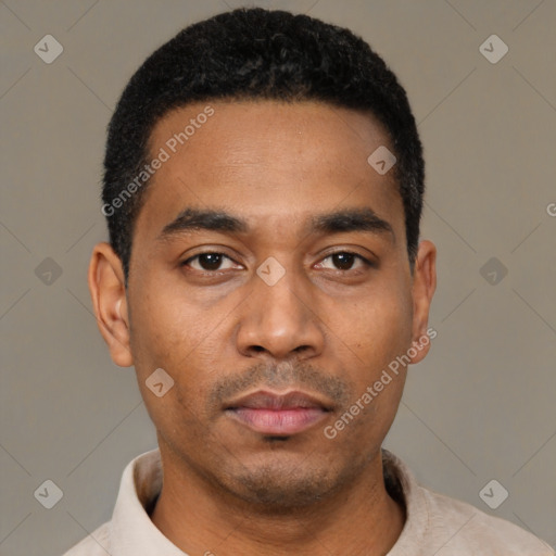 Neutral latino young-adult male with short  black hair and brown eyes