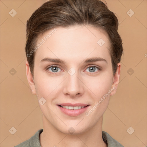 Joyful white young-adult female with short  brown hair and grey eyes