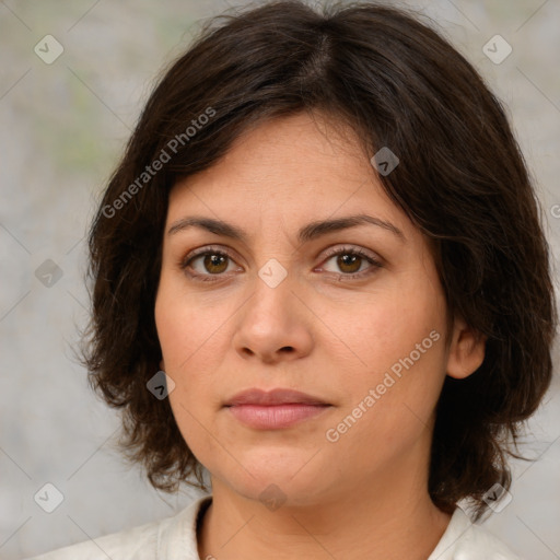 Neutral white young-adult female with medium  brown hair and brown eyes