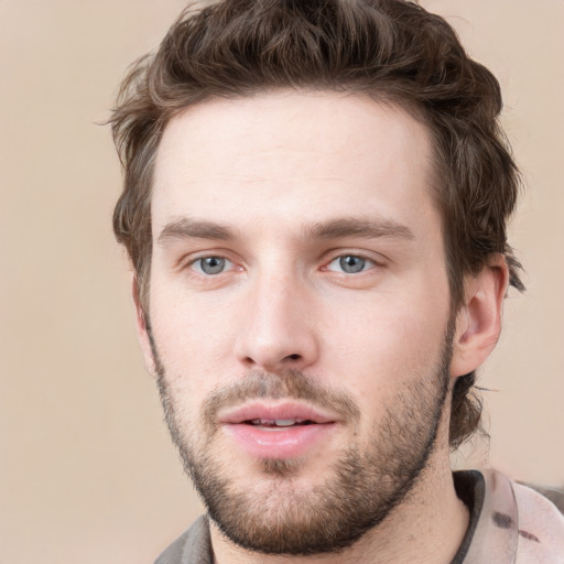 Neutral white young-adult male with short  brown hair and grey eyes