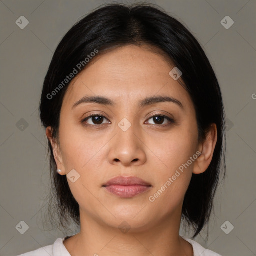 Neutral asian young-adult female with medium  brown hair and brown eyes