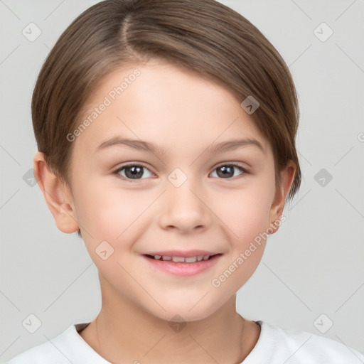 Joyful white child female with short  brown hair and brown eyes