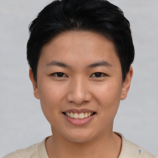 Joyful asian young-adult female with short  black hair and brown eyes